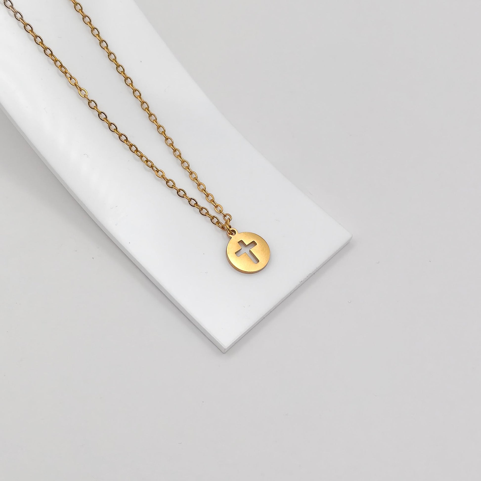 gold plated cross disk necklace, waterproof and tarnish resistant