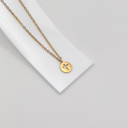gold plated cross disk necklace, waterproof and tarnish resistant