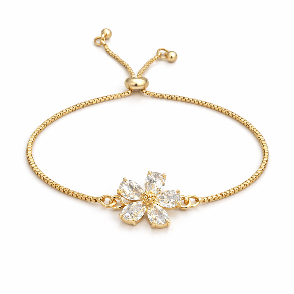 gold plated cubic zirconia flower pullcord bracelet, fashion jewellery packshot