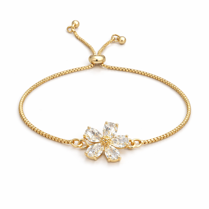 gold plated cubic zirconia flower pullcord bracelet, fashion jewellery packshot