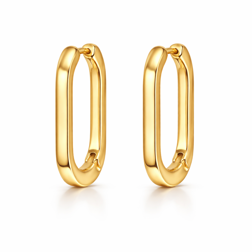 packshot of gold plated flat oval hoop earrings, waterproof and tarnish resistant