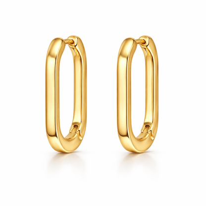 packshot of gold plated flat oval hoop earrings, waterproof and tarnish resistant