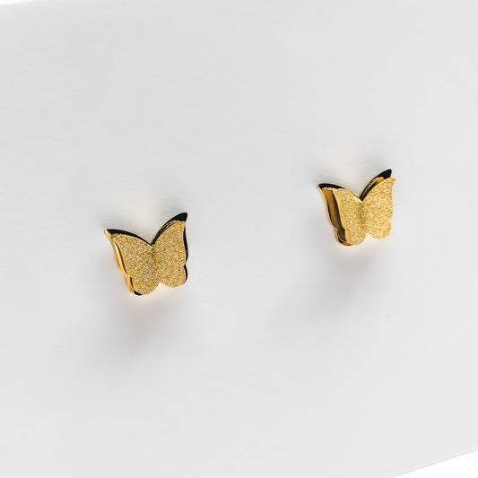 gold plated glitzy butterfly stud earrings on a white display stand