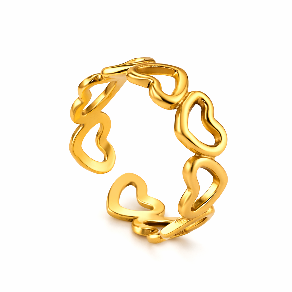 gold plated heart link adjustable ring, waterproof and tarnish resistant