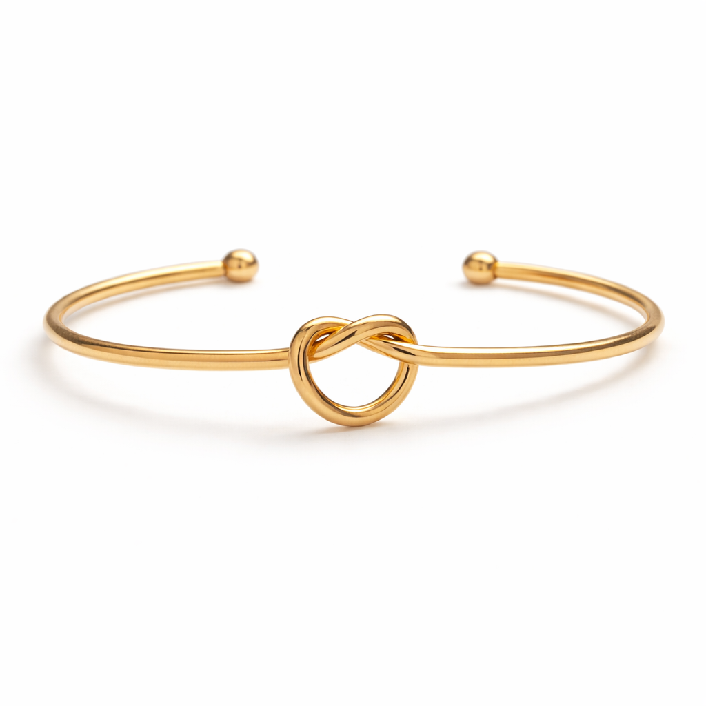 gold plated knot cuff bangle, fashion jewellery packshot