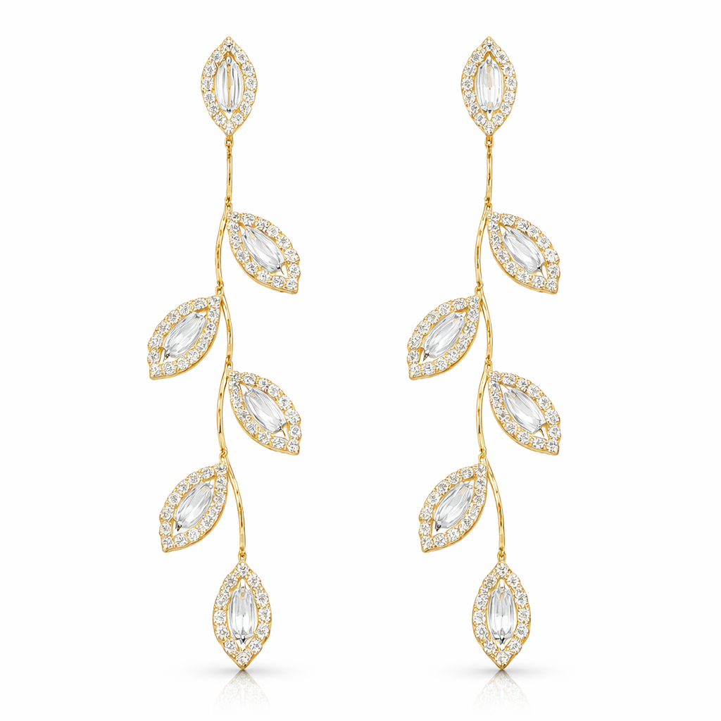 Gold plated leaf statement earrings with clear cubic zirconia's, floral bridal drop jewellery 