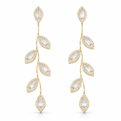 Gold plated leaf statement earrings with clear cubic zirconia's, floral bridal drop jewellery 