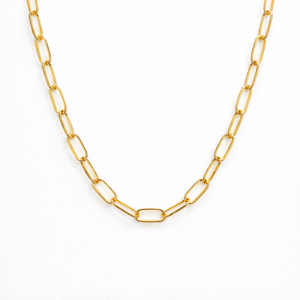 gold plated paperclip chain necklace, fashion jewellery packshot