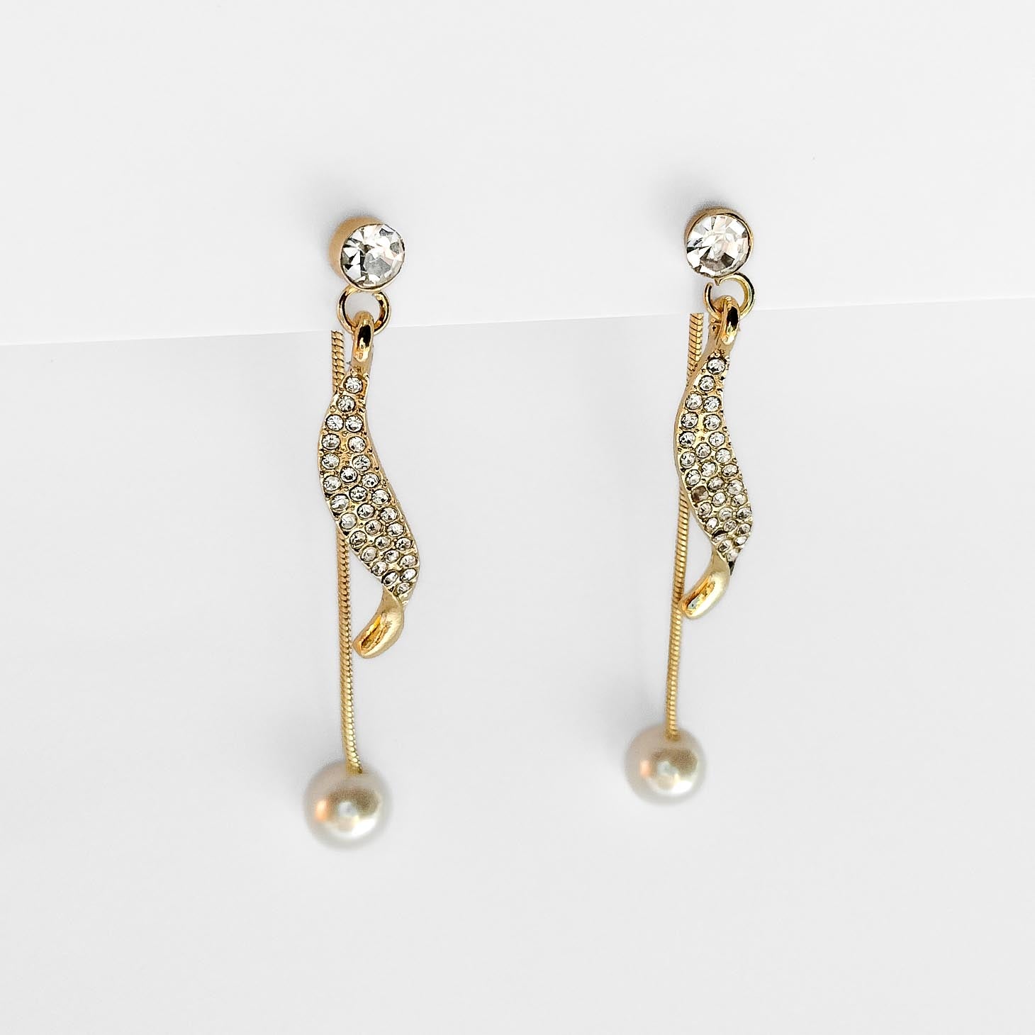 gold plated pearl and rhinestone bridal dangle earrings packshot, fashion jewellery