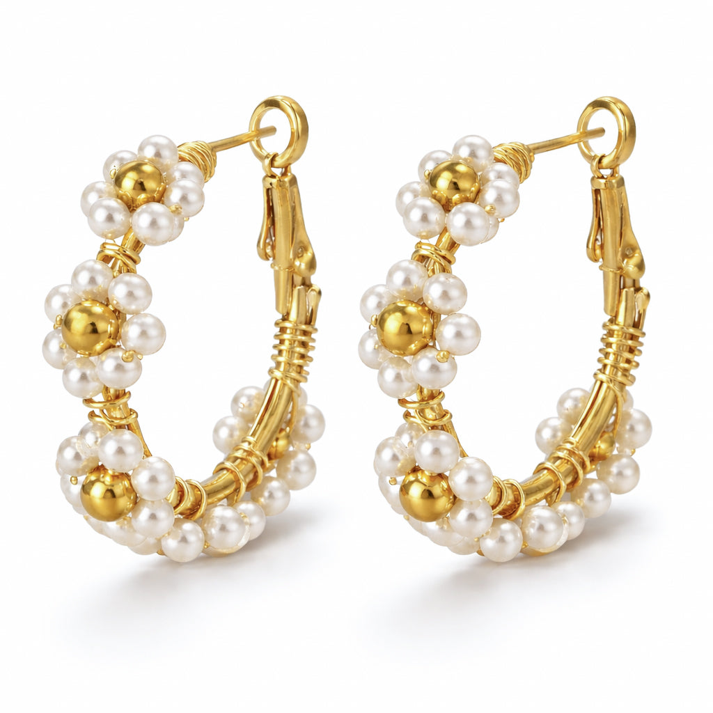 gold plated pearl daisy hoop earrings, waterproof and tarnish resistant