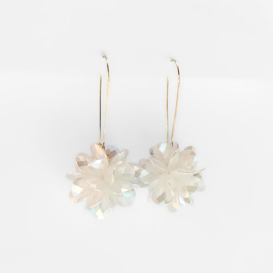 image of gold plated dangle earrings with pearl toned flower petal shaped cluster ball charms.