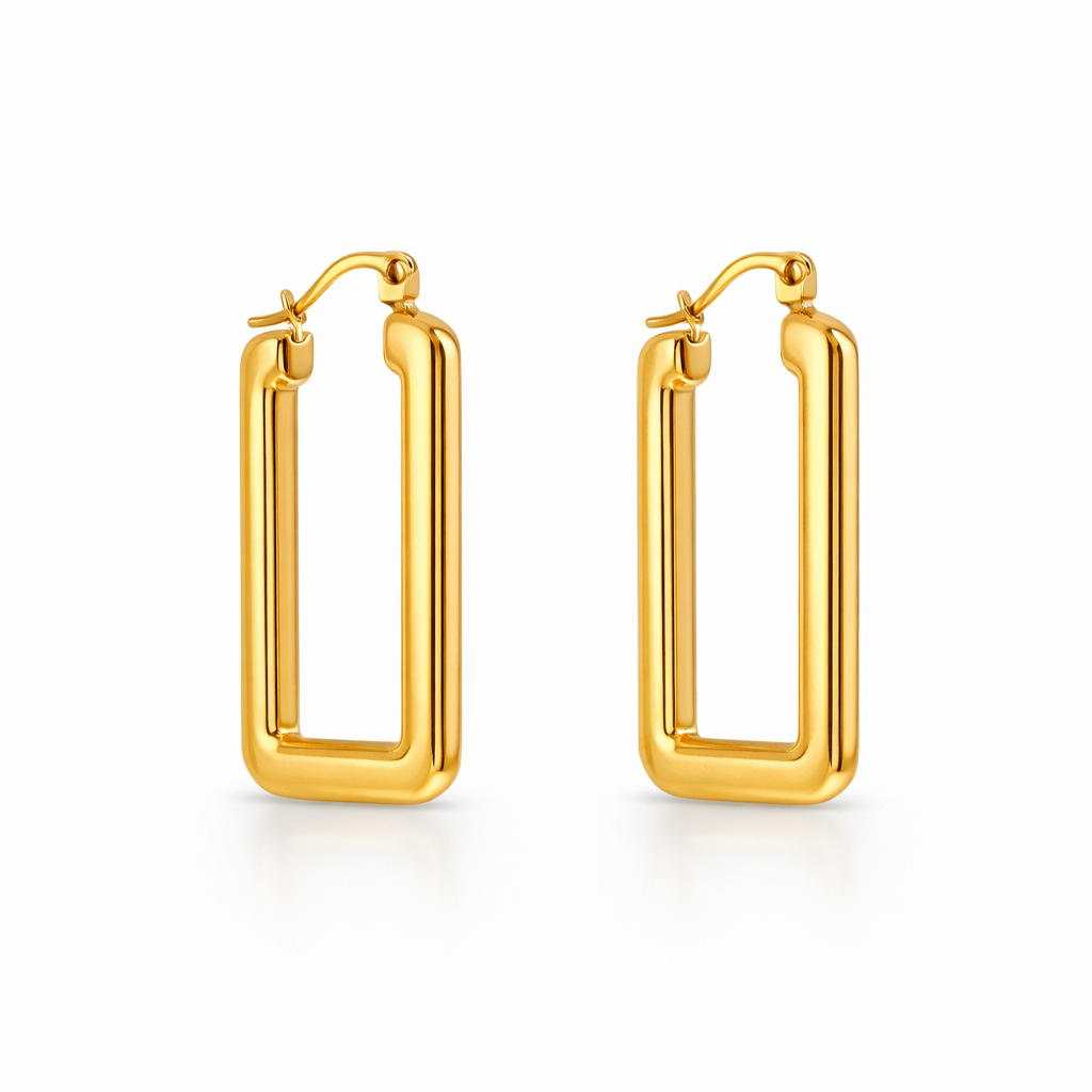 packshot of gold plated rectangular hoop earrings, waterproof and tarnish resistant