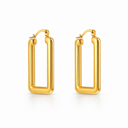 packshot of gold plated rectangular hoop earrings, waterproof and tarnish resistant