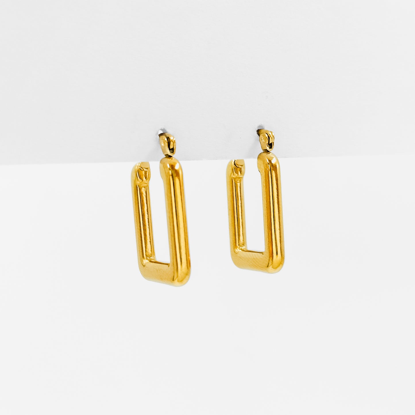 gold plated rectangular hoop earrings, waterproof and tarnish resistant