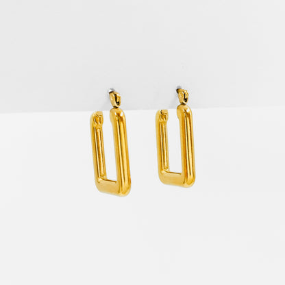 gold plated rectangular hoop earrings, waterproof and tarnish resistant