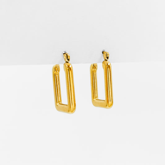 gold plated rectangular hoop earrings, waterproof and tarnish resistant