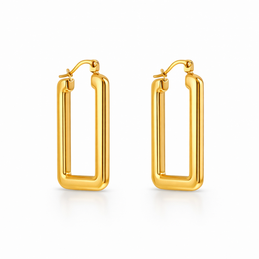 gold plated rectangular hoop earrings, waterproof and tarnish resistant