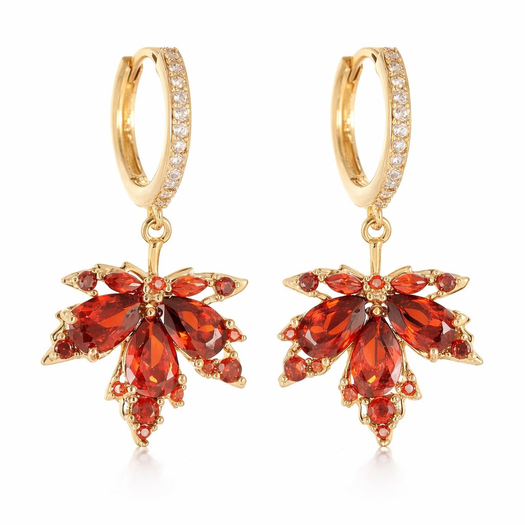 gold plated red crystal leaf huggie earrings (fashion jewellery)