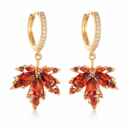 gold plated red crystal leaf huggie earrings (fashion jewellery)