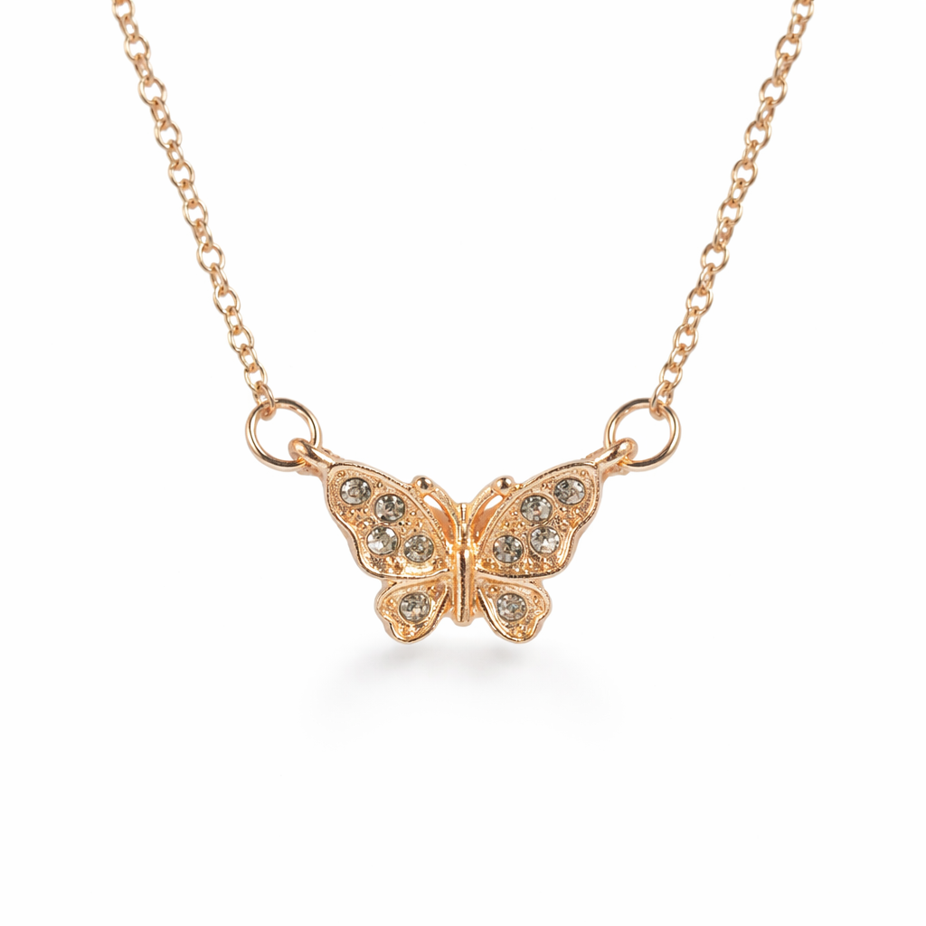 gold plated rhinestone butterfly necklace, fashion jewellery packshot