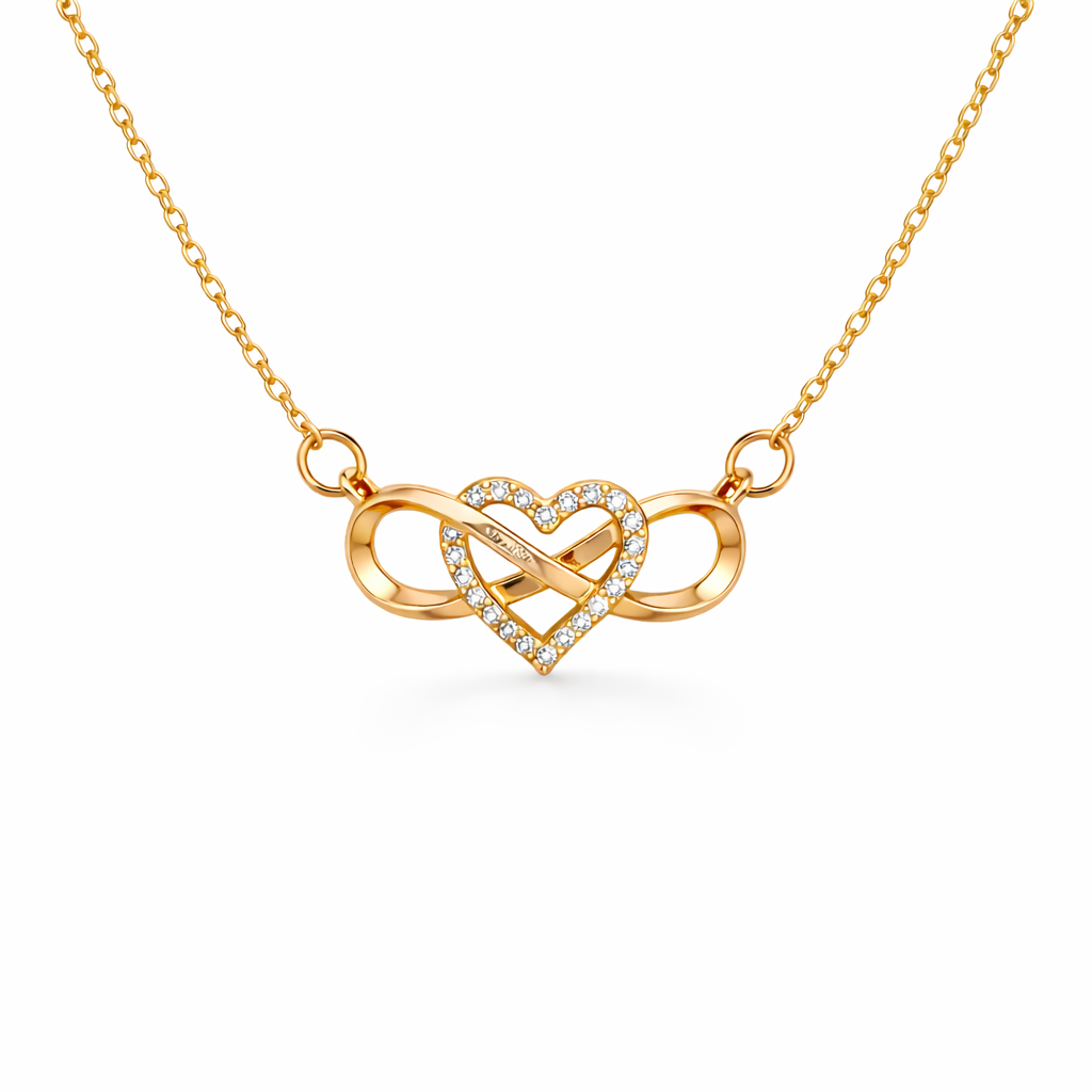 gold plated rhinestone heart infinity necklace, fashion jewellery packshot