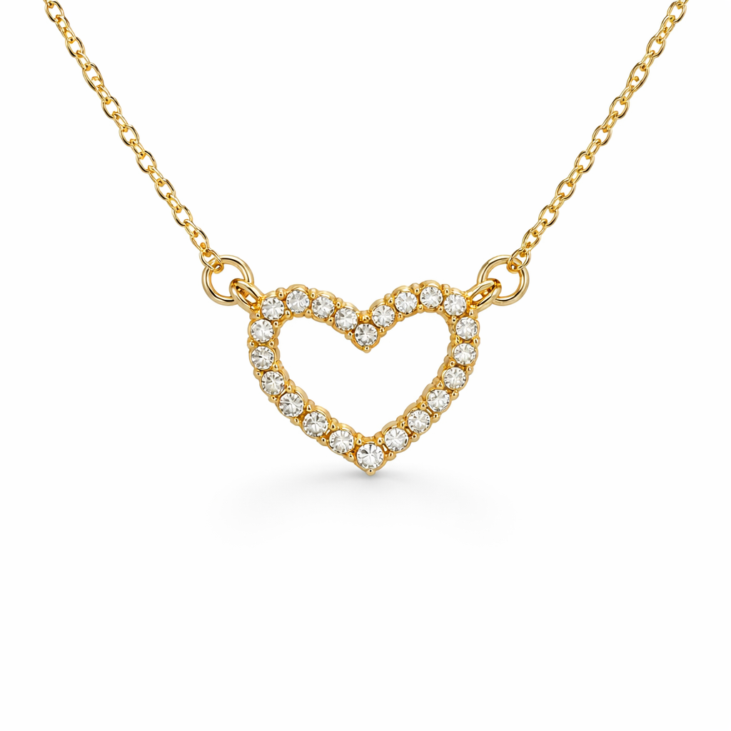 gold plated rhinestone heart necklace, fashion jewellery packshot