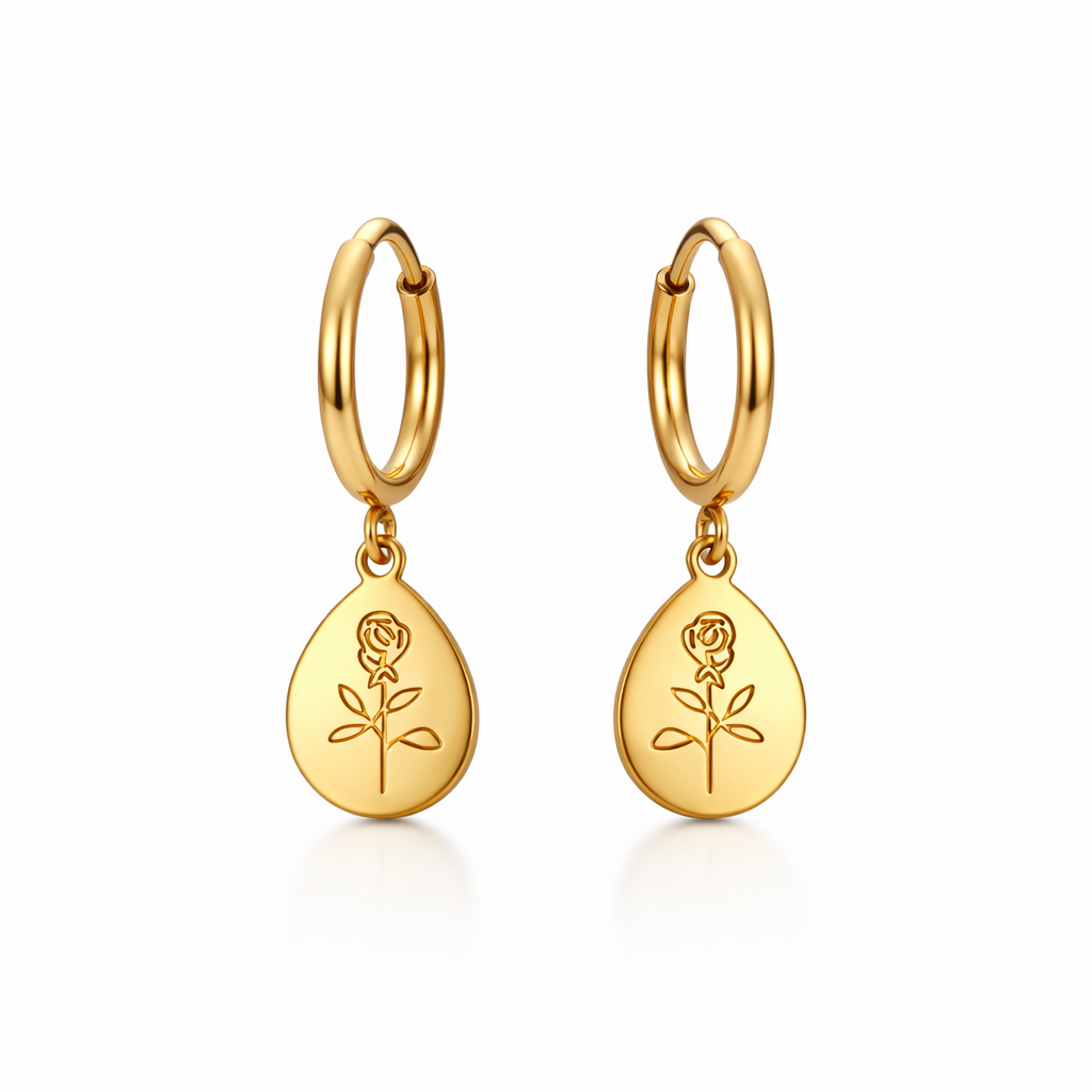 packshot of gold plated rose drop huggie earrings, waterproof and tarnish resistant