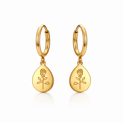 packshot of gold plated rose drop huggie earrings, waterproof and tarnish resistant