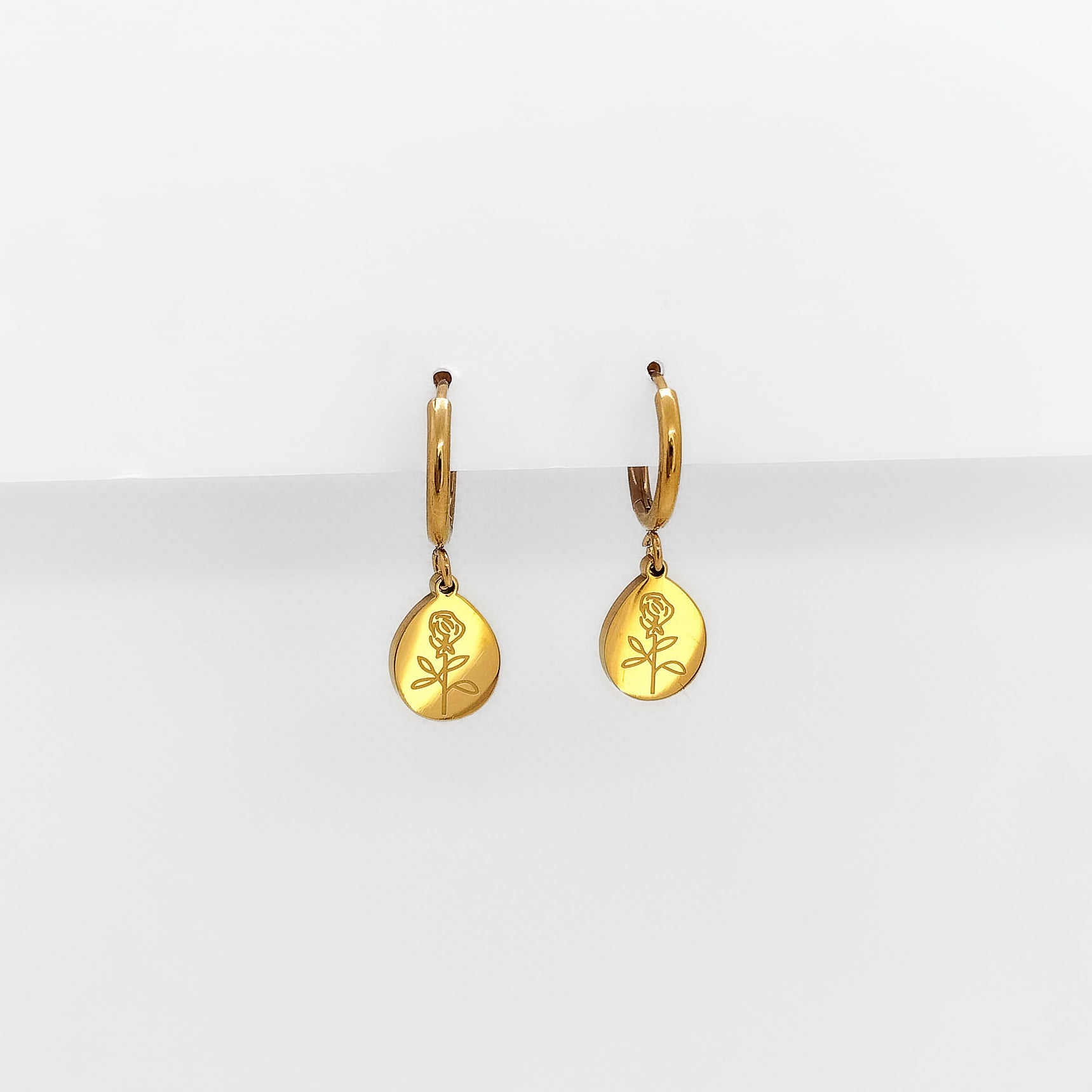 gold plated rose drop huggie earrings, waterproof and tarnish resistant