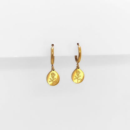gold plated rose drop huggie earrings, waterproof and tarnish resistant