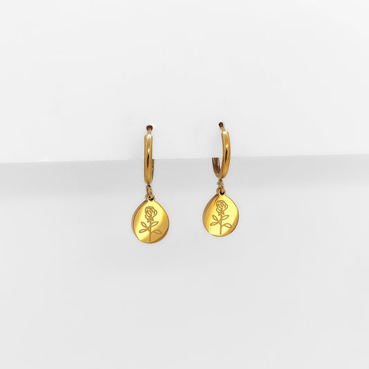 gold plated rose drop huggie earrings, waterproof and tarnish resistant