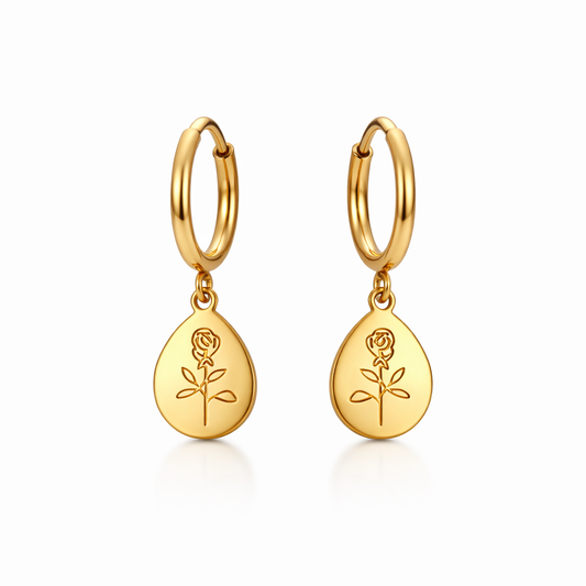 gold plated rose drop huggie earrings, waterproof and tarnish resistant