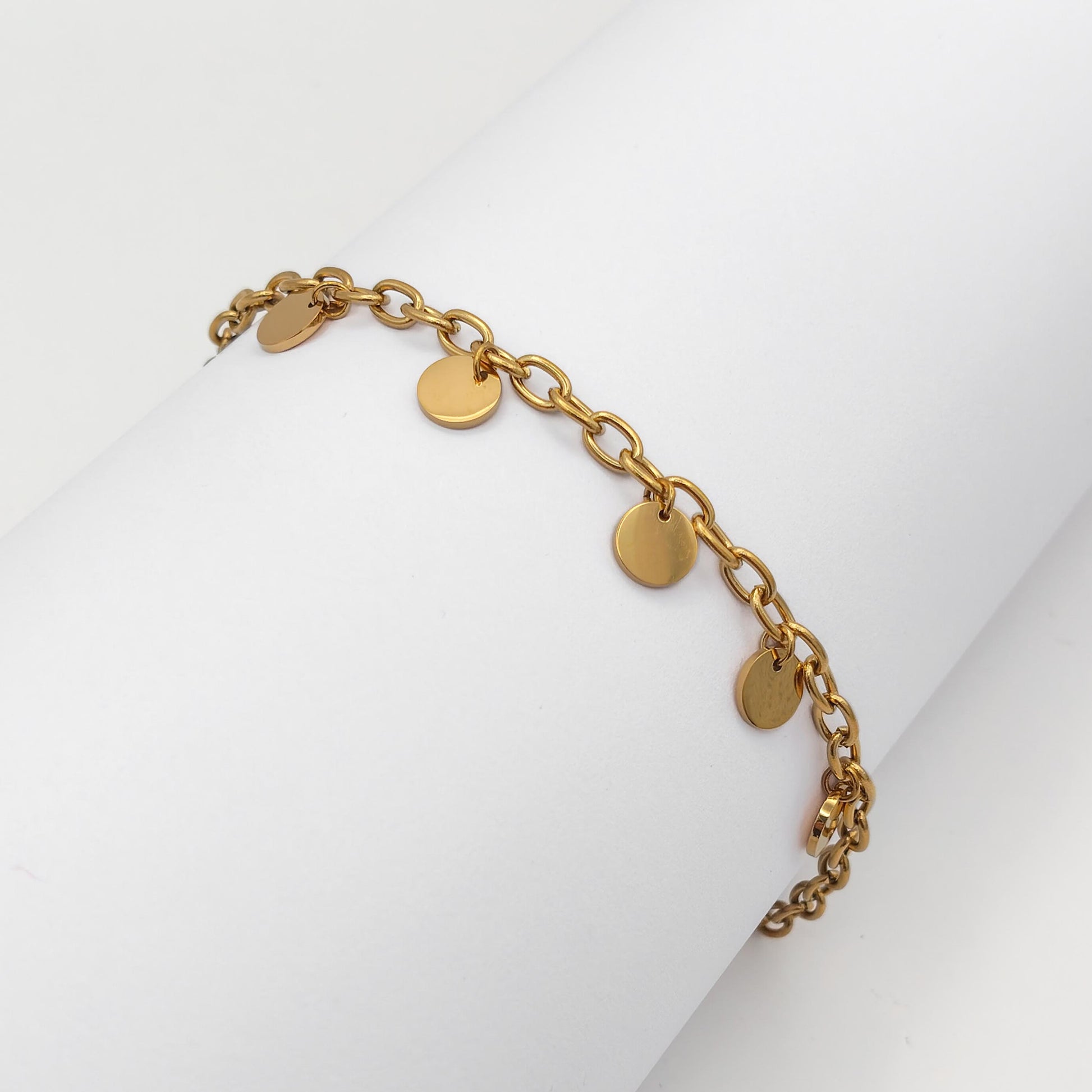 gold plated round disk bracelet, waterproof and tarnish resistant
