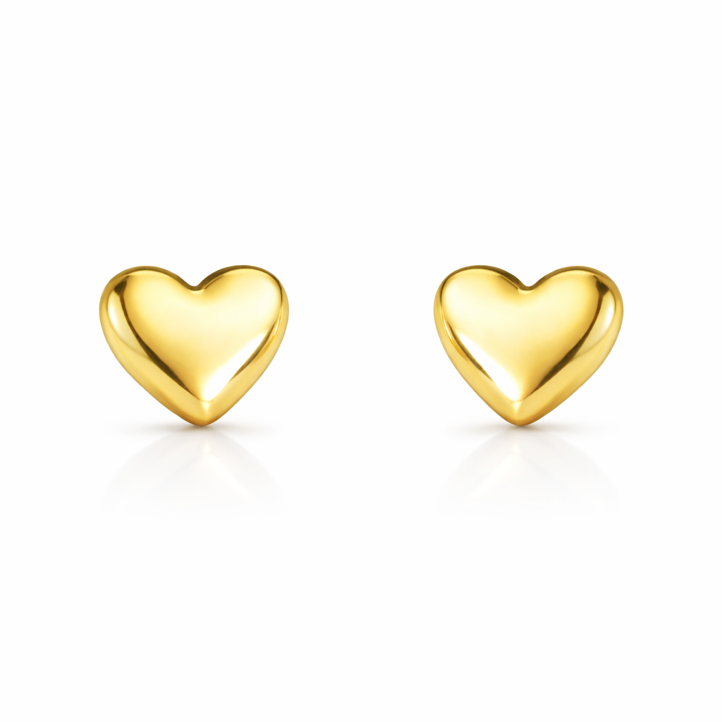 packshot of gold plated small heart stud earrings, waterproof and tarnish resistant