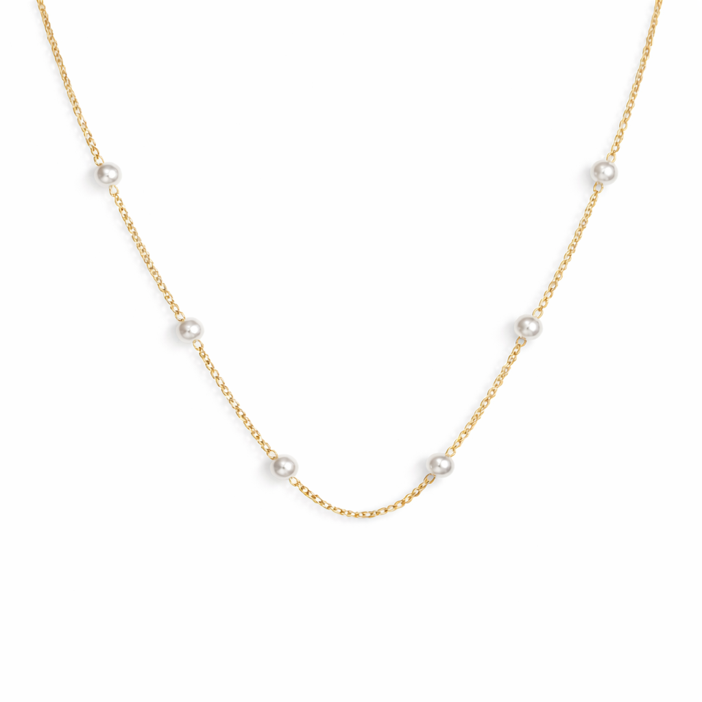 gold plated spaced out pearl necklace, fashion jewellery packshot