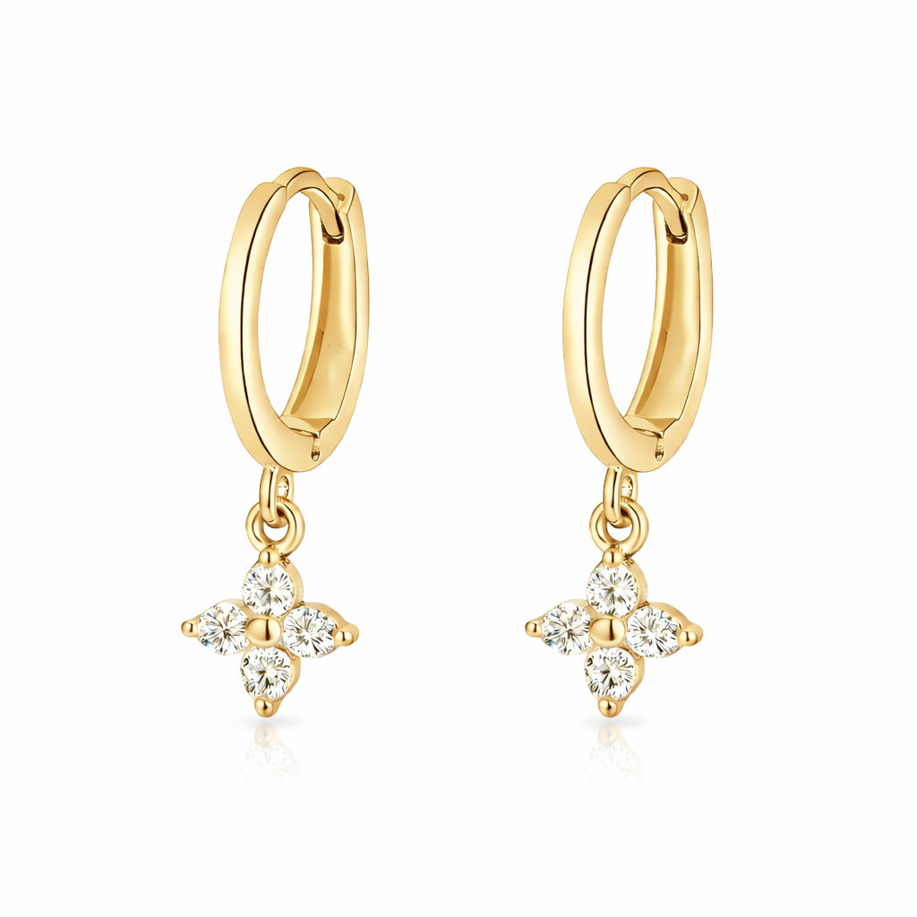 gold plated 925 sterling silver cubic zirconia flower drop huggie earrings, hypoallergenic jewellery