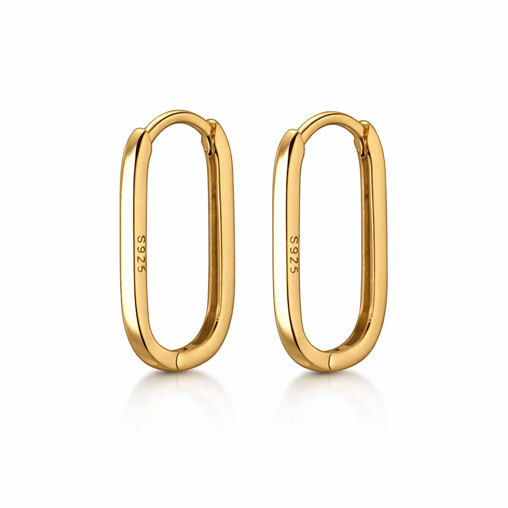 Gold Plated 925 sterling silver thin oval huggie hoop earrings, hypoallergenic jewellery