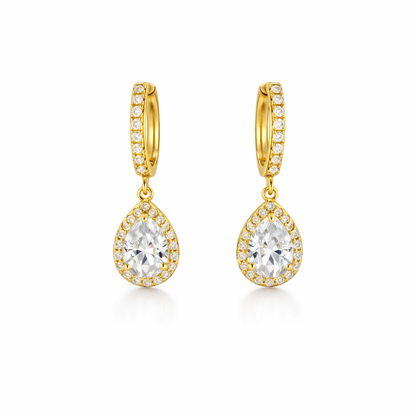 packshot of gold plated teardrop huggie earrings from fashion jewellery collection
