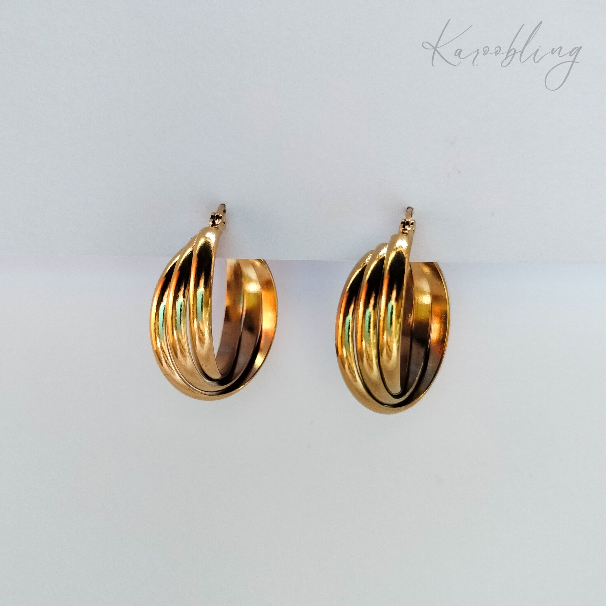 gold plated triple twisted hoop earrings, waterproof and tarnish resistant