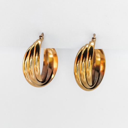 gold plated triple twisted hoop earrings, waterproof and tarnish resistant