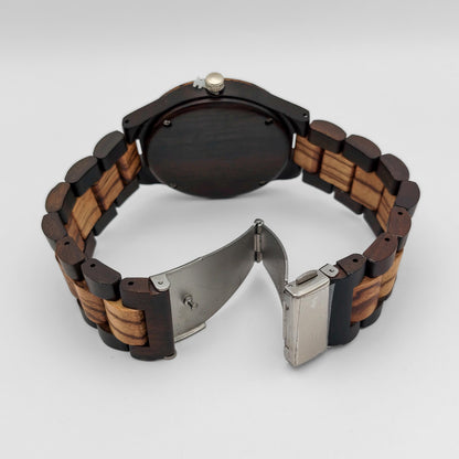 packshot of a men's bamboo and zebrawood watch