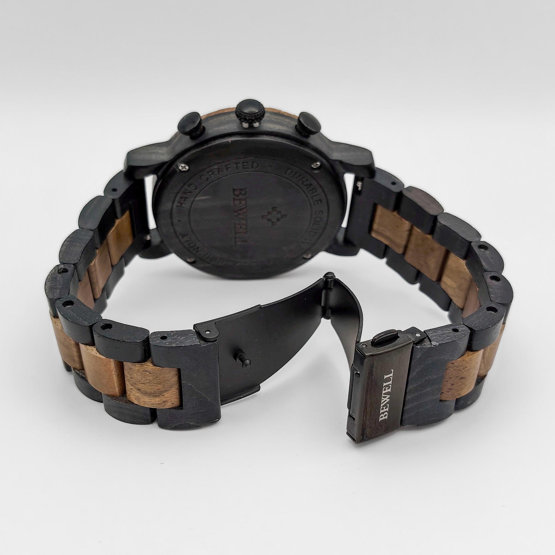 packshot of a men's sandalwood & ebony chronograph wooden watch