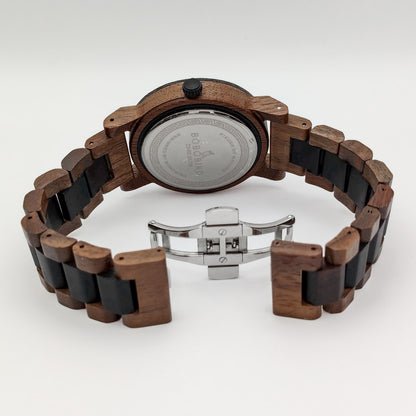 packshot of a men's walnut, african blackwood and rock watch