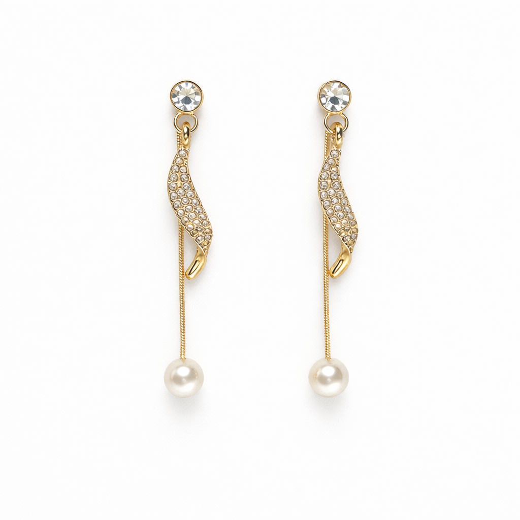 Pearl and rhinestone bridal drop earrings in gold-plated finish