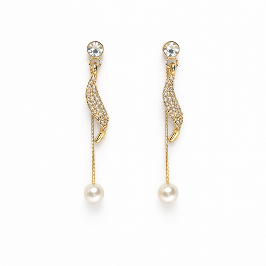 Pearl and rhinestone bridal drop earrings in gold-plated finish