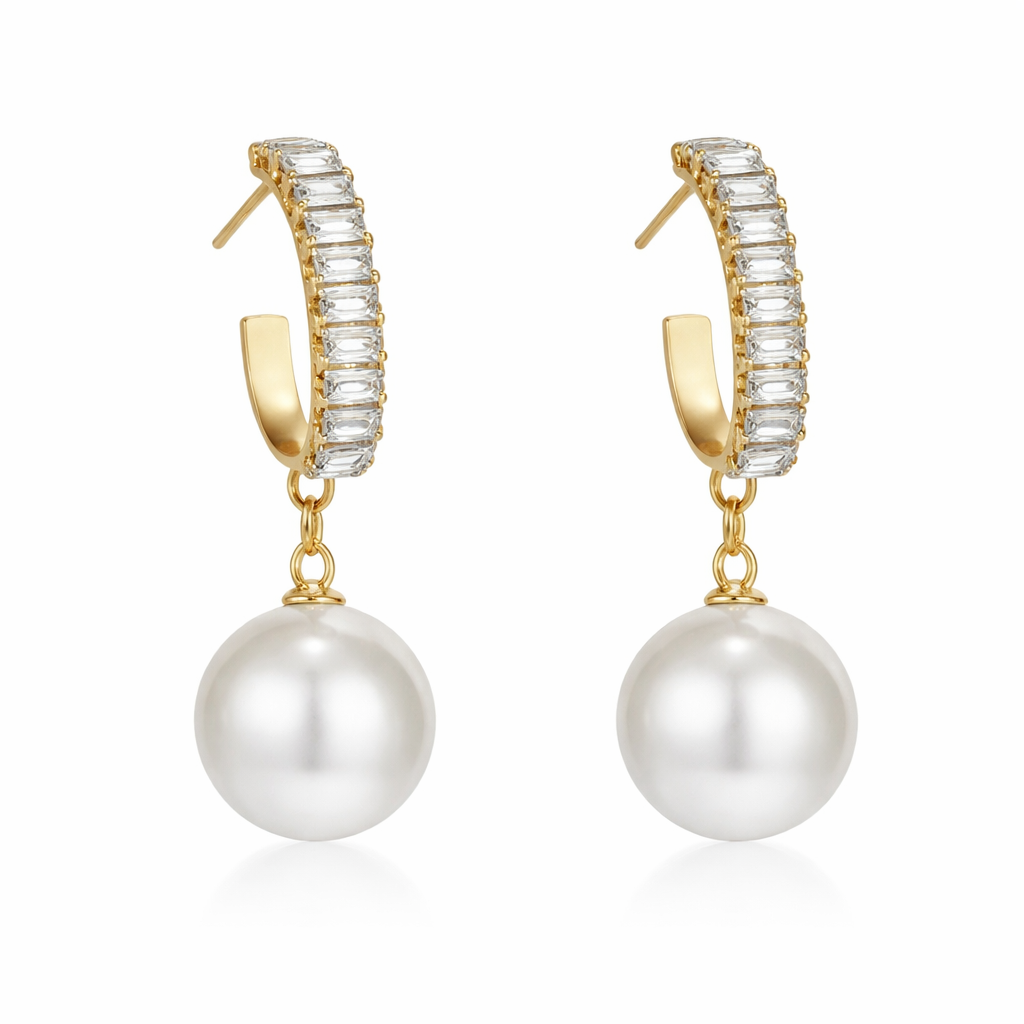 Close up of pearl and rhinestone bridal drop earrings