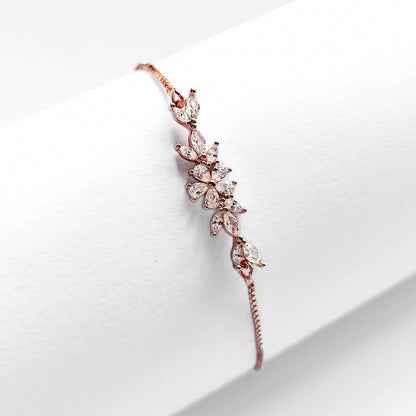 packshot of a rose gold plated cubic zirconia floral fashion jewellery bracelet