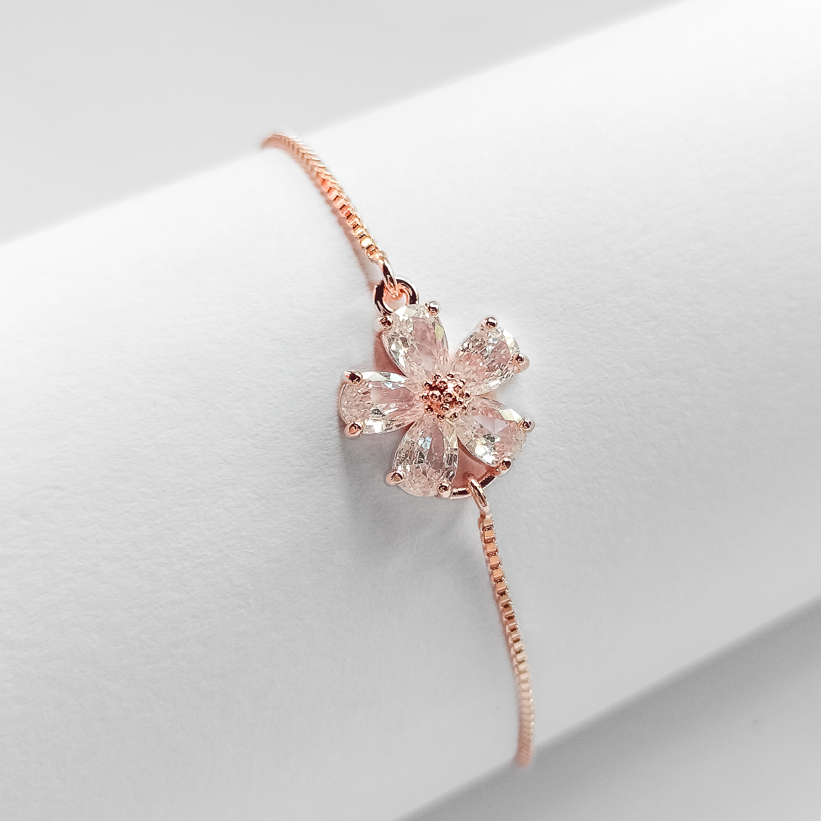 rose gold plated cubic zirconia flower pullcord bracelet, fashion jewellery 