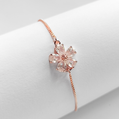 rose gold plated cubic zirconia flower pullcord bracelet, fashion jewellery 