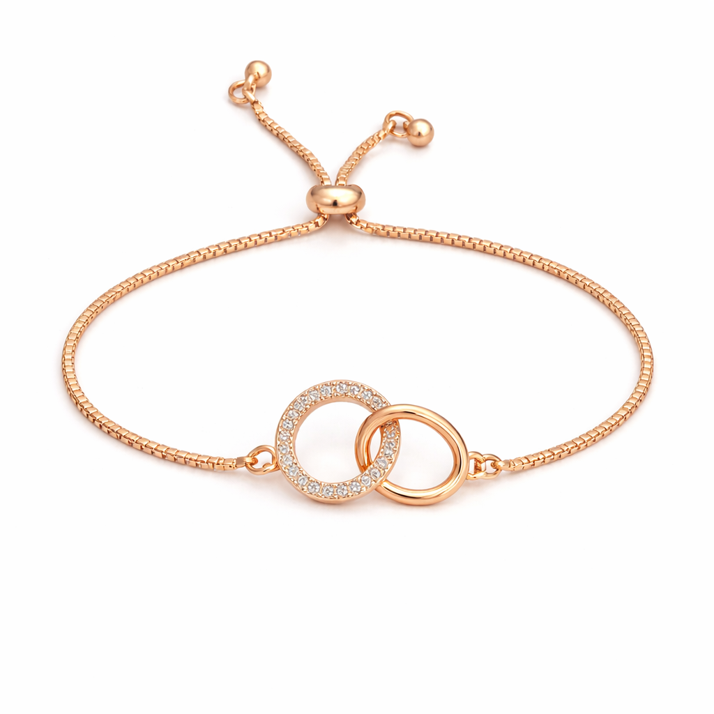 rose gold plated interlocking circle pullcord bracelet, fashion jewellery packshot